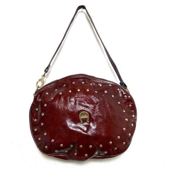 ETIENNE AIGNER Vintage Oxblood Studded Patent Leather Big Logo Bag Purse *Flaws* - Picture 5 of 16
